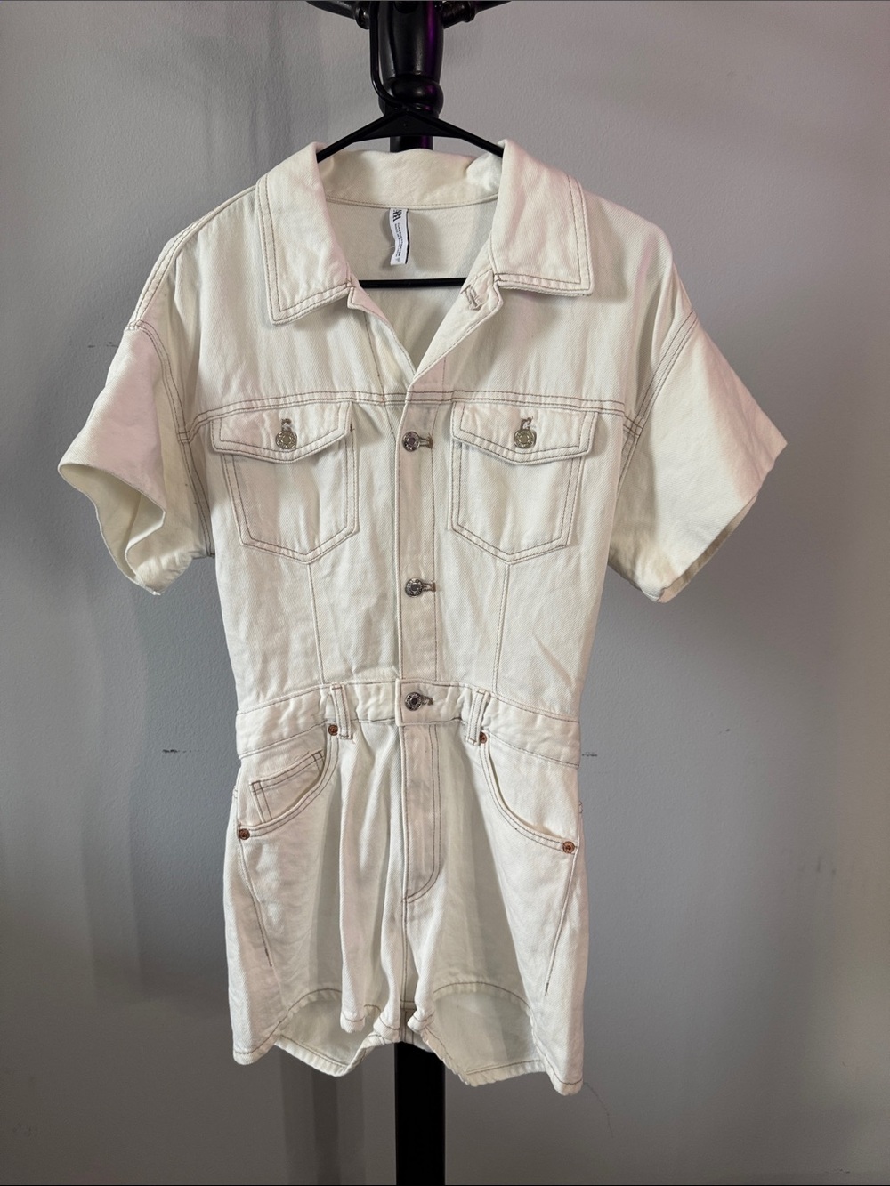 Zara Cream Short-Sleeve Denim Romper